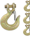 Four Pack Heavy Duty Forged Steel G70 Clevis Slip Hooks With Spring Loaded Safety Latch One Quarter Inch Tow Chain Grab Hooks, close-up view.