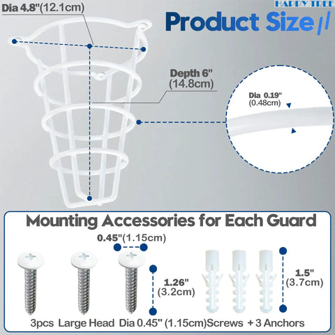 Heavy Duty White Fire Sprinkler Head Guard Cover 4 Pack with 6 inch depth, shown with mounting accessories for easy installation.