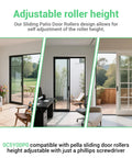 Sliding patio door view with adjustable roller height description, showing various door installations and living room settings.
