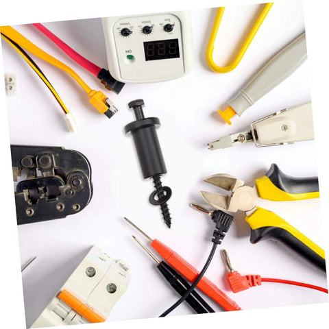 Assorted electrical tools and connectors for DIY projects on a white background, including pliers, wires, and a voltage tester.