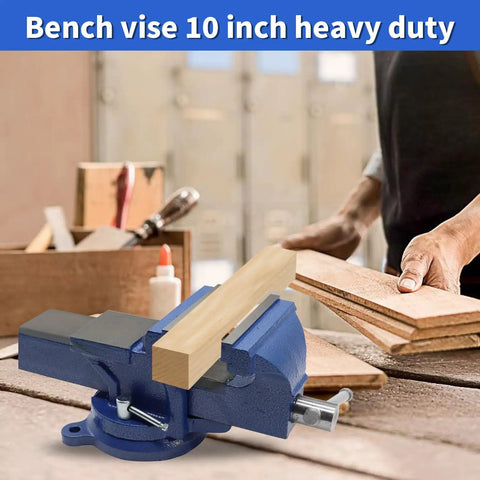 10 Inch Heavy Duty Cast Iron Bench Vise With 360 Degree Swivel Lock Base Chrome Spindle And Nuts Quenched Jaw For Extra Hard Grip Non Slip Textured Jaw Surface Built For Pro Shop Quality Bench Work holding wood in a workshop
