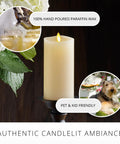Realistic Moving Flame Pillar Candle With Flameless LED Lights, Unscented Ivory, on a stand, with warm glow, decor accents.