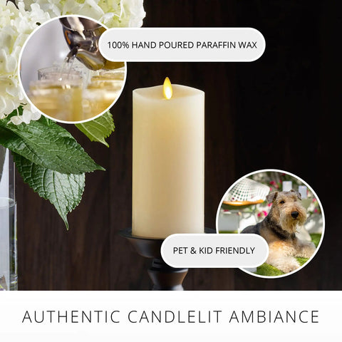 Realistic Moving Flame Pillar Candle With Flameless LED Lights, Unscented Ivory, on a stand, with warm glow, decor accents.