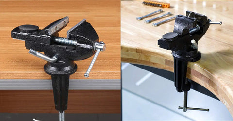 Heavy Duty Clamp On Vise With 360 Degree Rotating Jaw, 3.2 Inch Wide Jaw, Edge Mount Benchtop Vise, Black Finish on wood table
