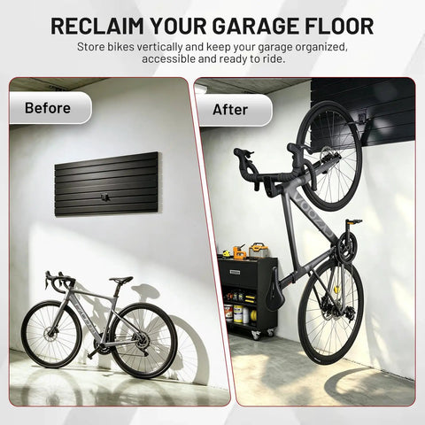 Before and after use of Locking Slatwall Bike Hooks Set Heavy Duty Wall Mount Bicycle Hanger With PVC Coating Rubberized Protection