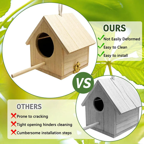 Pack Of 2 Natural Wood Hanging Bird Houses For Outdoors DIY feature comparison showing natural wood and grey bird house models.