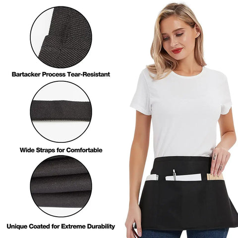 Woman wearing a 12 Pack Server Aprons With 3 Pockets For Waitstaff, Water Resistant Half Aprons For Women And Men, shown in use.