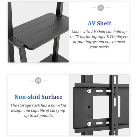Heavy Duty Rolling TV Cart For 55 To 90 Inch Screens With Lockable Rubber Wheels And Slick Laptop Camera Shelf Built Like A Truck Quick Roll Mobile Stand Design, showing AV shelf for devices.