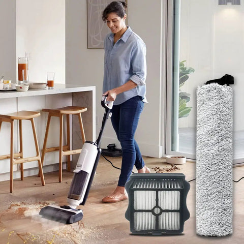 Woman using Floor ONE S5 with Replacement Brush Roller and HEPA Filter; soft roller head removed, shown separately
