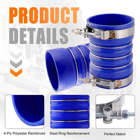 Front view of Ailbiuko blue silicone charge-air hose kit, 4" ID, 4-piece with T-bolt clamps for semi trucks