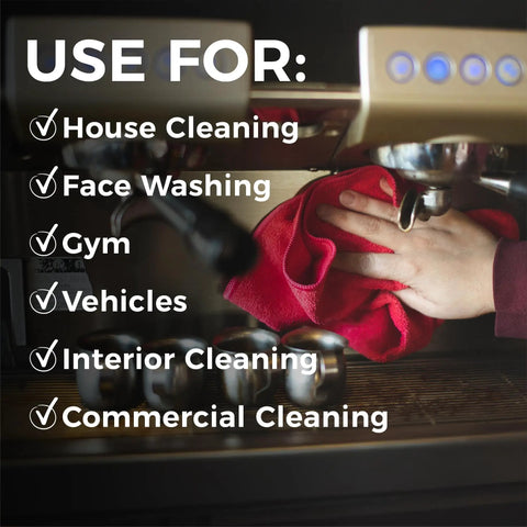 Hand using red towel from All-Purpose Microfiber Cleaning Towels Pack 12, 16x16 Inches, 300gsm, Highly Absorbent, for cleaning machine