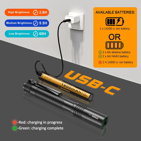 T2A Compact EDC Flashlight 1500 Lumens, Rechargeable AA LED shown with USB-C charging setup and battery options