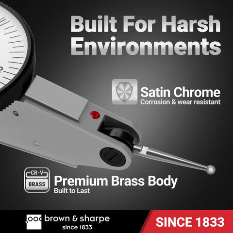 Dial Test Indicator With 0 To 0.030 Inches Range, 0.0005 Inches Graduation, Precise Accuracy For Shaft Alignment And Fine Measurements, Industrial Grade Gauge For Machinists And Shop Floor Pros, brass body, side view