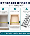 Heavy Duty Stainless Steel Drawer Slides 500 Lb Capacity Full Extension Rails Side Mount Industrial Grade Built To Haul Heavy Loads With Smooth Quiet Operation 2.5mm Steel Build measurement guide with cabinet depth, drawer length, and slide length