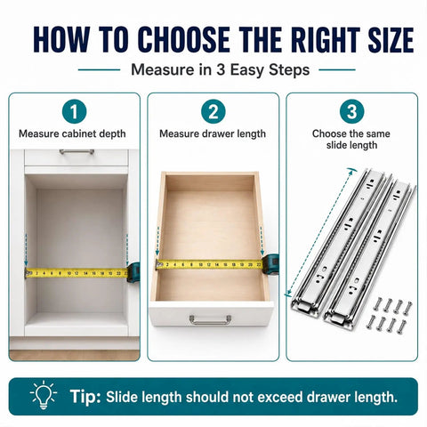 Heavy Duty Stainless Steel Drawer Slides 500 Lb Capacity Full Extension Rails Side Mount Industrial Grade Built To Haul Heavy Loads With Smooth Quiet Operation 2.5mm Steel Build measurement guide with cabinet depth, drawer length, and slide length