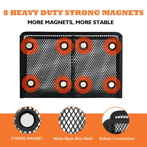 Front view of Magnetic Pencil Holder With Extra Strong Magnets Mesh Marker Organizer, black finish with eight magnets visible.