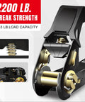 Heavy Duty Ratchet Tie Down Straps 15 Foot 4 Pack Featuring Tough As Nails Grip With 2200 Pound Break Strength close-up of ratchet mechanism.