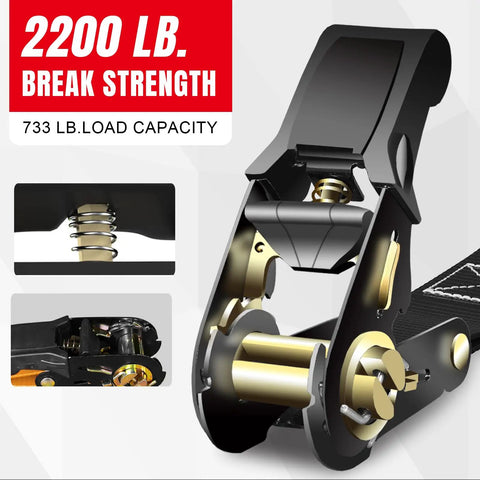 Heavy Duty Ratchet Tie Down Straps 15 Foot 4 Pack Featuring Tough As Nails Grip With 2200 Pound Break Strength close-up of ratchet mechanism.