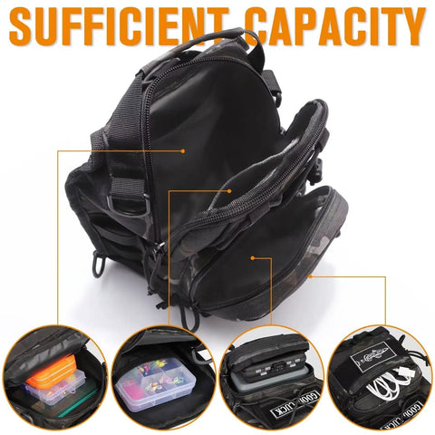 Go Light Fly Fishing Sling Pack That Keeps Gear Dry Waterproof Tackle Bag with organized interior compartments.