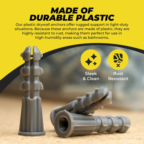 Ribbed Plastic Drywall Anchors For Secure Wall Fastening In Drywall Projects Bulk Pack Of Expandable Split Body Anchors For Drywall Size Six To Eight By Seven Eighths Inch Easy To Install With No Spinning, shown on a wooden surface