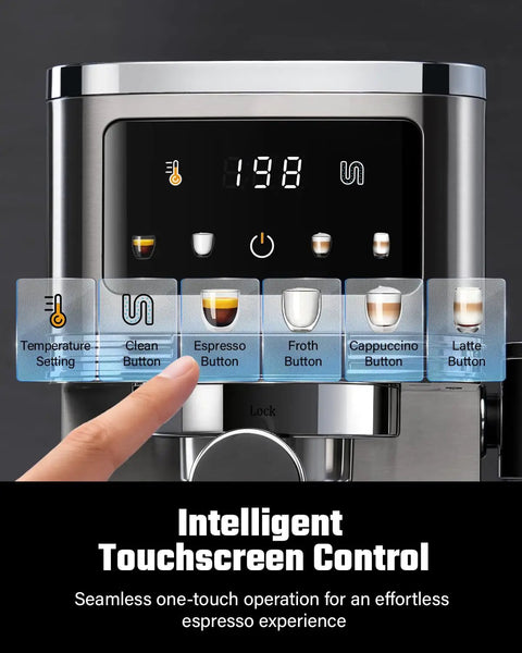 Kickstart Your Day Grind With This 20 Bar Espresso Machine Featuring Auto Milk Frother Smart Touchscreen showing control panel.