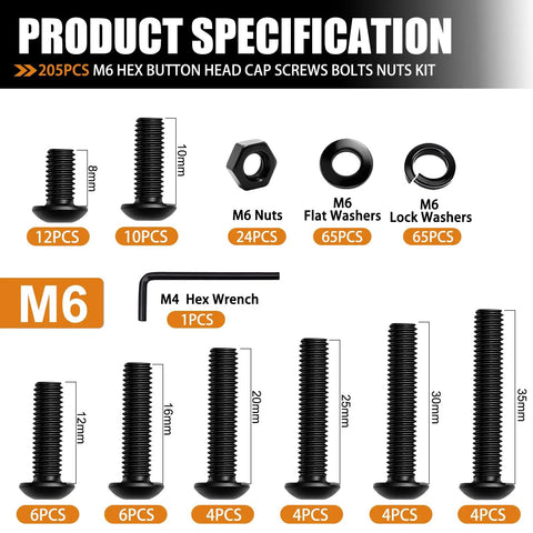 205-Piece M6 Bolt Set With Button Head Hex Socket Cap Screws M6 X 8 10 12 16 20 25 30 35 Millimeters All-In-One