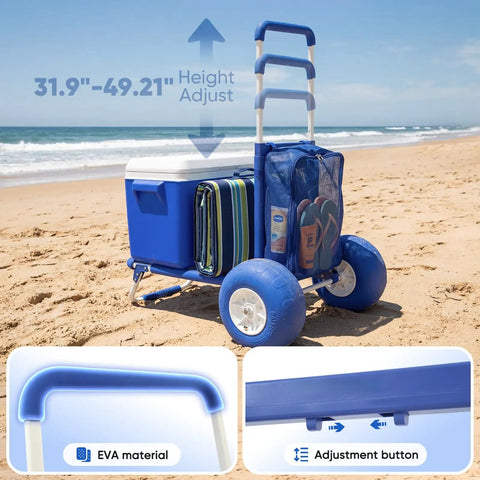 Massive Heavy Duty Beach Wagon with 12 Inch Big Wheels for Sand Balloon Tires, adjustable handle on beach, blue color