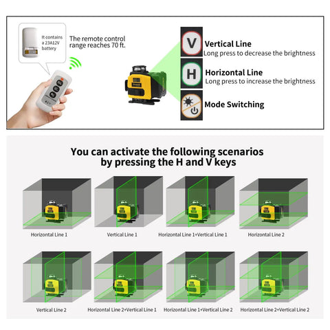 4D Green Beam Laser Level With Tripod For Easy Room Layouts, Four 360 Degree Lines With 90 Degree Cross, Self Leveling, Rotatable Window, Includes Two 4500mAh Batteries, Perfect For Picture Hanging, Tiling, Ceilings, And Home Renovation. Remote control and line modes shown.