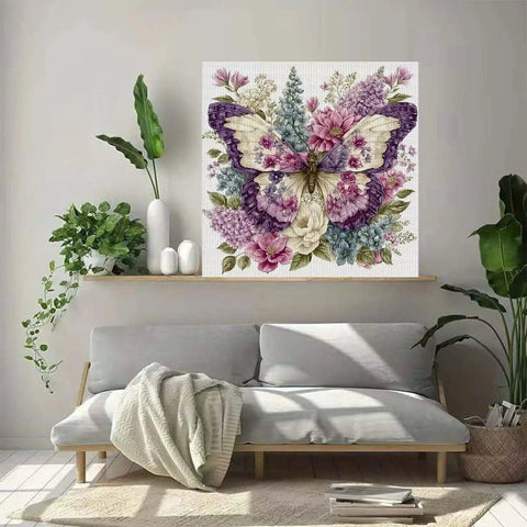 Dope Animal And Flower 5D Diamond Painting Kit For Adults Beginners Full Drill DIY Diamond Art With Gem Dots Stress Relief Craft Easy Start Home Wall Decor 13.8 X 13.8 Inch on living room wall, showcasing vibrant butterfly and flowers design.
