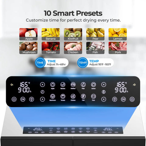 Built Different Dual Zone Food Dehydrator With 20 Spacious Trays And 1300 Watts For Making Beef Jerky Fruits Vegetables Herbs And Pet Snacks Plus 48 Hour Auto Timer control panel showing 10 smart presets and temperature settings.