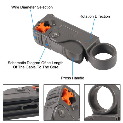 Close-up of the rotary stripper from Coax Cable Compression Tool Kit With Rotary Stripper And Crimping Tool Includes 5 RG6 F Type Connectors And 5 RG6 Extenders Adjustable Blades For RG58 RG59 RG62 RG6 BNC And RCA Pro Grade Telecom Kit showing wire diameter selection and press handle.