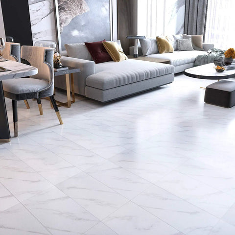 Peel And Stick 12x24 White Marble Vinyl Floor Tile for Bathrooms and Kitchens Waterproof Self Adhesive Removable Flooring in modern living room