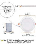 4 Pack 8 Inch Smart WiFi LED Recessed Lights With RGB CW Color Changing Tech, dimensions and installation details shown.