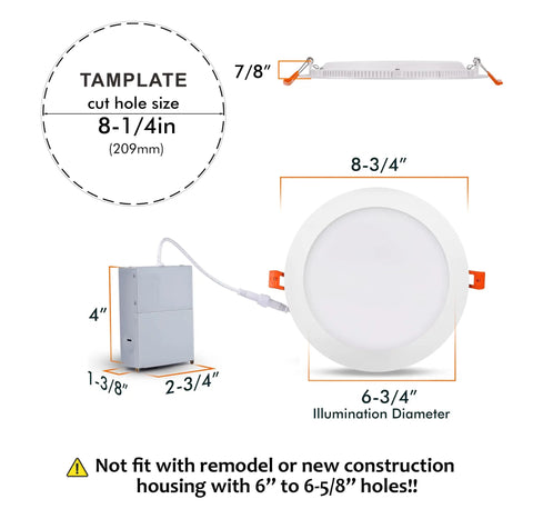 4 Pack 8 Inch Smart WiFi LED Recessed Lights With RGB CW Color Changing Tech, dimensions and installation details shown.