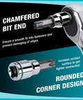 Allen Bit Socket Set For Three Eighths Inch Drive Torx Twenty One Piece Premium CRV Sockets And S2 Bits chamfered end detail