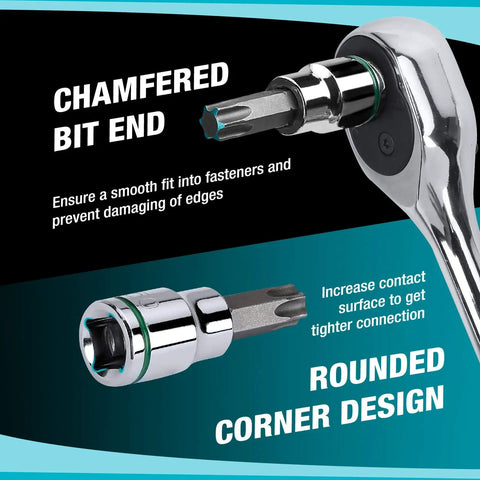Allen Bit Socket Set For Three Eighths Inch Drive Torx Twenty One Piece Premium CRV Sockets And S2 Bits chamfered end detail