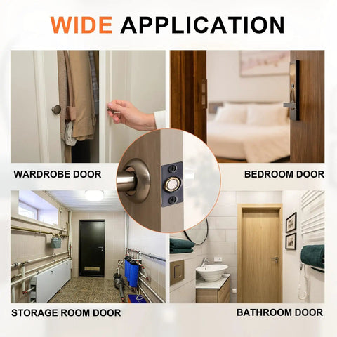 4 Pack Adjustable Magnetic Door Catch Kit for Cabinets and Closets With Screws, shown on wardrobe and bedroom doors