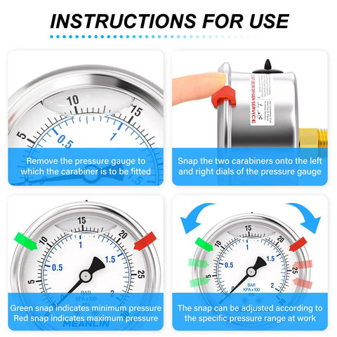Instructions showing how to use Beefy Stainless Steel Liquid Filled Pressure Gauge 0 to 30 Psi 1 Quarter NPT with dials and snaps.