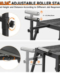 Close-up of adjustable roller stand on Boss Level Miter Saw Stand With Smooth Extension Rollers Eight Position Height Adjustment.