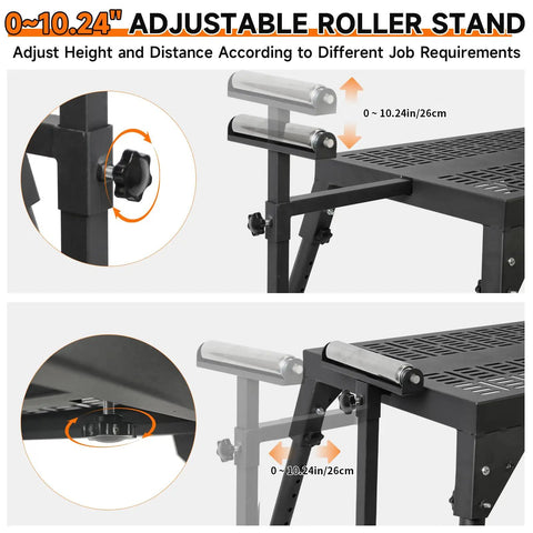 Close-up of adjustable roller stand on Boss Level Miter Saw Stand With Smooth Extension Rollers Eight Position Height Adjustment.