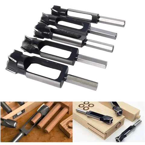 Heavy Duty Woodworking Tenon And Dowel Plug Cutters With Secure Hex Handle, five piece set for clean hole cutting in wood.