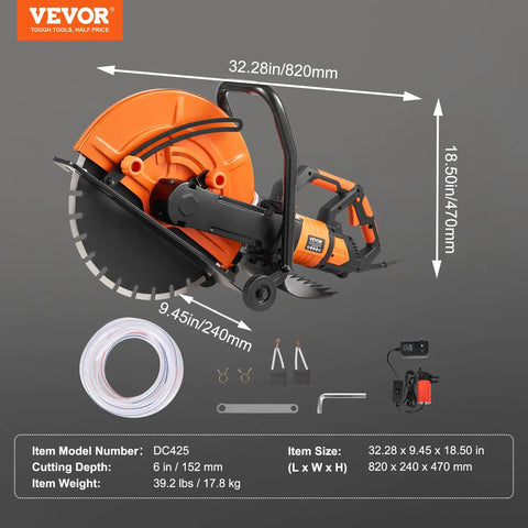 Heavy Duty Electric Concrete Saw With 16 Inch Circular Blade And A 3200 Watt Motor Delivering Smooth Wet Cuts With Zero Dust Drama And Beast Mode Stability For Those No Sweat Renovation Tasks, showing dimensions and included accessories.