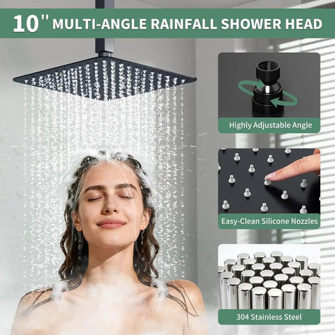 Legit Solid Three Way Matte Black Shower System With Ten Inch Ceiling Rain Head Six Inch Wall Sprayer And Extra Long Handheld Hose For Quick Rinsing And Serious Bathroom Glow Ups