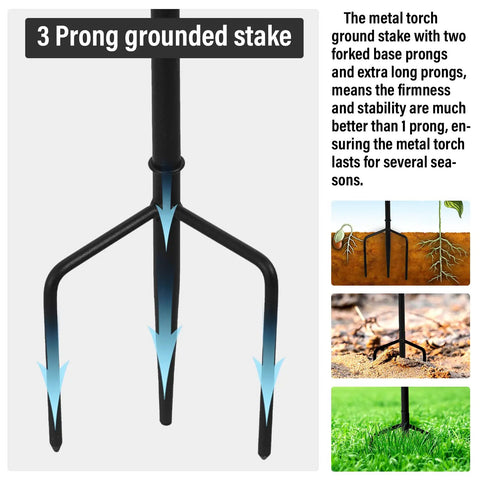 Close-up of 3 prong grounded stake design for 6 Pack Outdoor Metal Torches With 58 Inch Height Extra Large Citronella Torches.