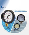 Water Pressure Gauge For Pool Filter Spa And Aquarium 60 PSI Brass Lower Connection Dual Display 1/4 Inch NPT Teflon Seal