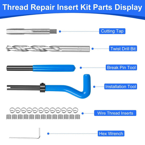 Components of 30 Piece SAE Thread Repair Kit With HSS Drill Bit And Helicoil Style Wire Thread Inserts For Internal Thread Repair Of Stripped Holes In Metal displayed.