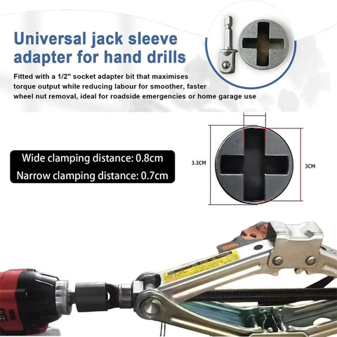 Jack Socket Adapter For Hand Drill And Scissor Jack Drill Adapter for cars with half inch socket adapter bit attached to power tool.