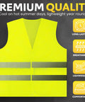 High Visibility Safety Vest 10 Pack Neon Yellow Mesh With Reflective Silver Strips shown with features like breathable and lightweight.