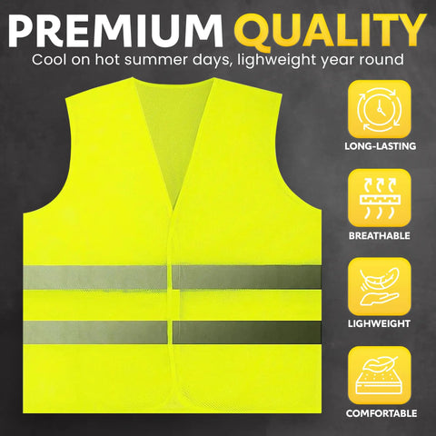 High Visibility Safety Vest 10 Pack Neon Yellow Mesh With Reflective Silver Strips shown with features like breathable and lightweight.
