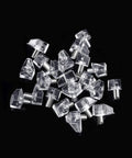 100 Pack Clear Pvc And Steel Shelf Pegs With Dead Simple Install And Rock Solid Grip for cabinets, displayed on black background.